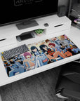 36x16 inches anime desk pad with sharp-eyed girl in white uniform, red-scarf heroine crowding in.
