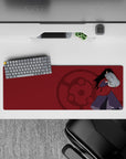 Deep crimson anime mouse pad with subtle Sharingan emblem, calm ominous vibe, 32x12 inches.