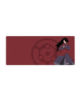 28x12 inches anime mouse pad with Madara Uchiha, crossed arms, Sharingan crest, clean flat shadows.