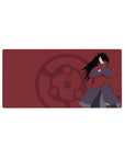 32x16 inches anime mouse pad with Madara Uchiha, crossed arms, Sharingan crest, clean flat shadows.