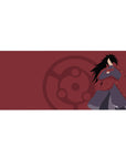 36x16 inches anime desk pad with Madara Uchiha, Sharingan crest, flat shadows, smooth glide.
