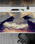 40x20 inches desk pad showcasing Guts in a standoff with the Beast of Darkness, illustrating the fierce internal conflict and raw power of the Berserker Armor.