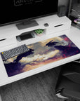 Artistic 36x16 inches desk pad showcasing the fierce internal battle between Guts and the Beast of Darkness, ideal for adding emotional depth and power to your workspace.