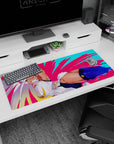 Artistic 36x16 inches desk pad showcasing Mirko’s fierce expression and action-packed energy in a vibrant design.