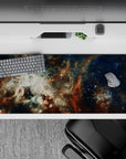 Deep navy, smoky white, and rusty amber desk pad 36x16 inches with calm night-sky mood and soft glow.