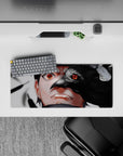 Dark smoky gray and glossy black anime mouse pad 28x12 inches with a piercing red Sharingan glow.