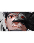 40x20 inches anime desk pad with Sasuke Uchiha and a crow overlay, sleek glossy black and gray art.