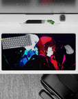 32x16 inches anime mouse pad in icy blue and crimson tones with a dark, moody cinematic feel.