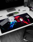 Anime desk pad 40x20 inches featuring a pale-haired girl and crimson-hooded girl back to back.
