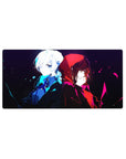 Anime mouse pad 32x16 inches with two girls back to back on a stark black cinematic background.