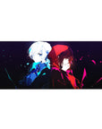 Anime desk pad 36x16 inches with two girls back to back in a bold split black background design.