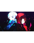 Anime desk pad 40x20 inches with two girls back to back on a bold black background.