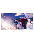 32x16 inches anime girl mouse pad with silver-haired swordswoman, red-black coat, dynamic splatter backdrop.