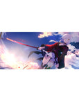 Anime girl desk pad 36x16 inches with silver-haired swordswoman, red-black coat, dynamic splatter art.