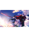 Anime girl desk pad 40x20 inches with silver-haired swordswoman and red-black coat, dynamic splatter art.