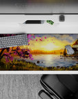 36x16 inches mouse pad with sunset glow, cherry blossoms, and serene waters for a calming and creative desk atmosphere.
