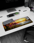 Artistic 32x12 inches mouse pad featuring sunset glow, with cherry blossoms and serene waters for peaceful inspiration.