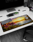 Artistic 36x16 inches mouse pad featuring sunset glow, cherry blossoms, and serene waters for a tranquil, inspiring workspace.