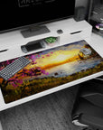 Large 40x20 inches mouse pad featuring sunset glow, cherry blossoms, and serene waters for an inviting, balanced workspace vibe.