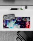 28x12 inches mouse pad showcasing Satoru Gojo with a vibrant neon city backdrop, perfect for fans of his cool demeanor and strength.