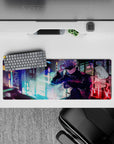 32x12 inches mouse pad with Satoru Gojo against a glowing neon city, capturing his confident and powerful aura from Jujutsu Kaisen.