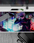 40x20 inches desk pad showcasing Satoru Gojo against a neon cityscape, blending his strength and style with the glowing lights of the urban jungle.