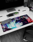 Artistic 36x16 inches desk pad with Satoru Gojo in a neon city, perfectly blending his calm strength with the glowing lights of the urban jungle.