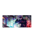 Mouse pad featuring Satoru Gojo, 28x12 inches, with a neon city backdrop that highlights his calm strength and confidence.