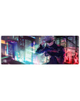 Compact 32x12 inches mouse pad featuring Satoru Gojo, with a vibrant neon city backdrop that radiates strength and style from Jujutsu Kaisen.
