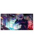 Mouse pad featuring Satoru Gojo, 32x16 inches, with a neon cityscape that highlights his cool confidence and power from Jujutsu Kaisen.