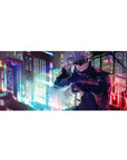 Jujutsu Kaisen desk pad featuring Satoru Gojo, 36x16 inches, with a neon city backdrop, capturing his cool and powerful aura.