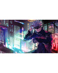 Desk pad featuring Satoru Gojo, 40x20 inches, with a vibrant neon cityscape in the background, capturing his cool confidence from Jujutsu Kaisen.