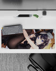 Cozy flirty violet-and-black anime girl mouse pad 32x12 inches with glossy suit, sheer tights, warm wood.