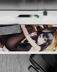 Flirty cozy violet-and-black anime desk pad 36x16 inches with glossy bunny suit, sheer tights, warm tones.