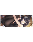 Anime girl mouse pad 32x12 inches with cat-ear headband, bunny suit, and plush bunnies on wooden floor.