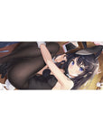 Anime girl desk pad 36x16 inches with cat-ear headband, bunny suit, plush bunnies, cozy wood floor scene.