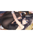 Anime girl desk pad 40x20 inches with cat-ear headband, glossy bunny suit, plush bunnies, and phone.