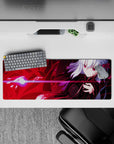 32x12 inches anime girl mouse pad in bold crimson and pink glow, glossy shadows, edgy cyber vibe.