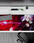 36x16 inches anime girl desk pad in bold reds and pink glow, glossy shadows, sleek cyberpunk vibe.