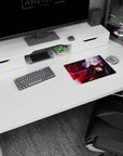 Silver-haired anime girl lounging with sly smile, orb firing pink beam on mouse pad 14x10 inches.