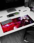 36x16 inches anime girl desk pad showing a sly silver-haired girl firing a pink beam from a glowing orb.