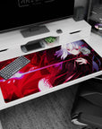 Silver-haired anime girl desk pad 40x20 inches, lounging by a desk while firing a pink beam.