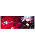 32x12 inches anime girl mouse pad with silver-haired girl, neon black bodysuit, red accents, energy ribbons.