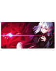 32x16 inches anime girl mouse pad with silver-haired cyber girl, neon bodysuit, red energy ribbons.