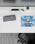 Aqua from KonoSuba on 14x10 inch mouse pad, arms wide open, under bright blue skies, spreading joy and chaos.
