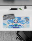 Aqua from KonoSuba on a 28x12 inch anime mouse pad, arms wide open under bright skies, radiating joy and charm.