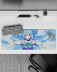 KonoSuba mouse pad 32x12 inches featuring Aqua with arms wide open, set against bright blue skies and seafoam greens.
