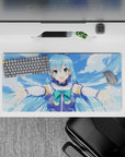 Aqua from KonoSuba anime on 32x16 inches mouse pad, arms wide, with bright blues and greens, spreading joy and chaos.