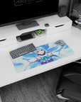 Anime mouse pad featuring Aqua from KonoSuba, 28x12 inches, vibrant sky blues and seafoam greens, welcoming pose.