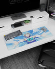 Anime mouse pad 32x12 inches featuring Aqua from KonoSuba, arms wide open against bright blue skies, enhancing gaming joy.